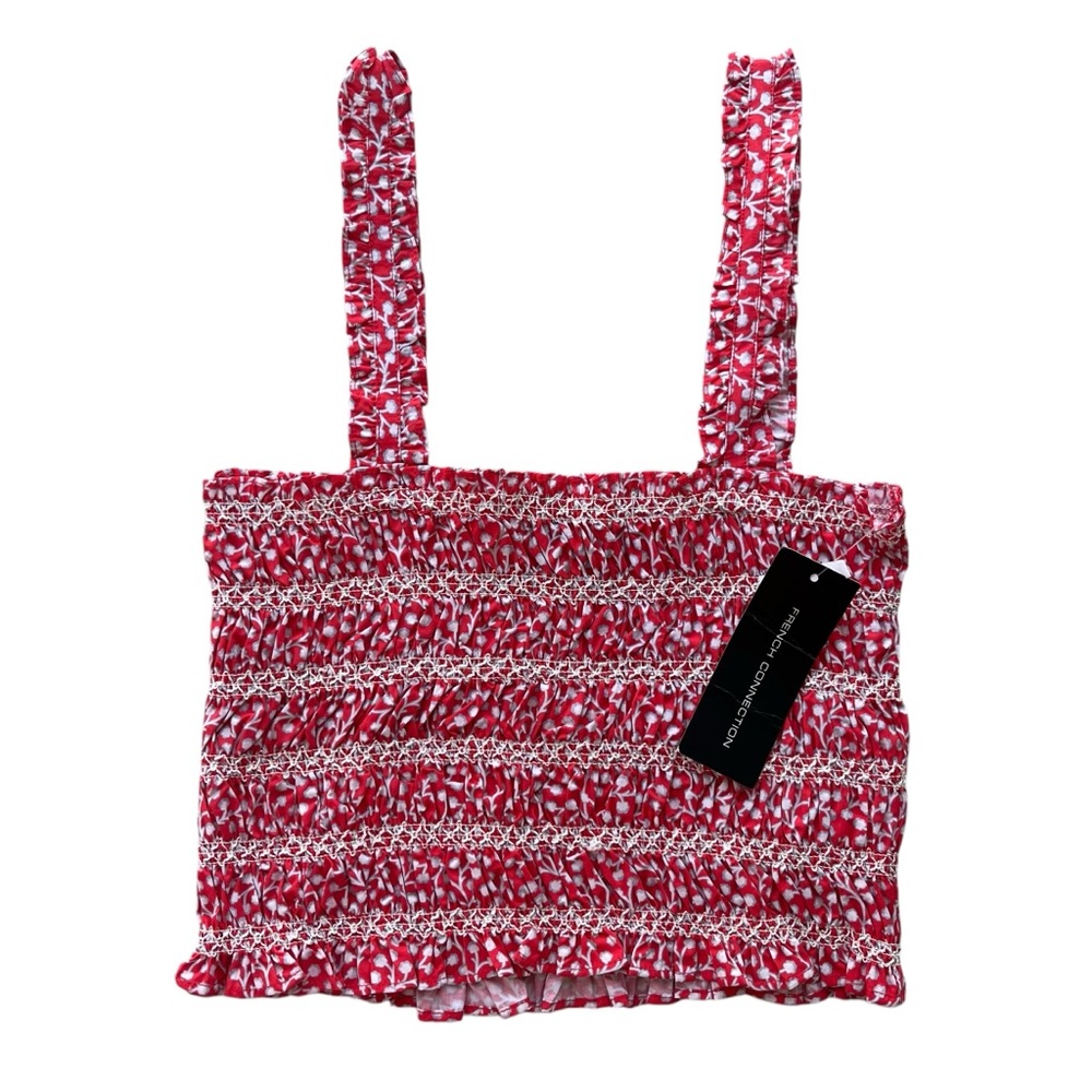 French Connection Women’s Sz 6 Red Hibiscus Elad Rhodes Poplin Smocked Crop Tank